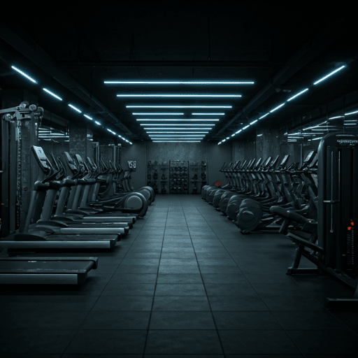Modern gym interior with premium equipment and electric blue lighting