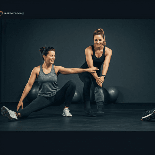 Trainer helping a beginner client with stretching